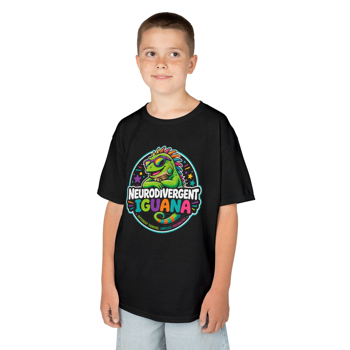 Kids T‑Shirt — "Neurodivergent Iguana" Colorful Pride Tee