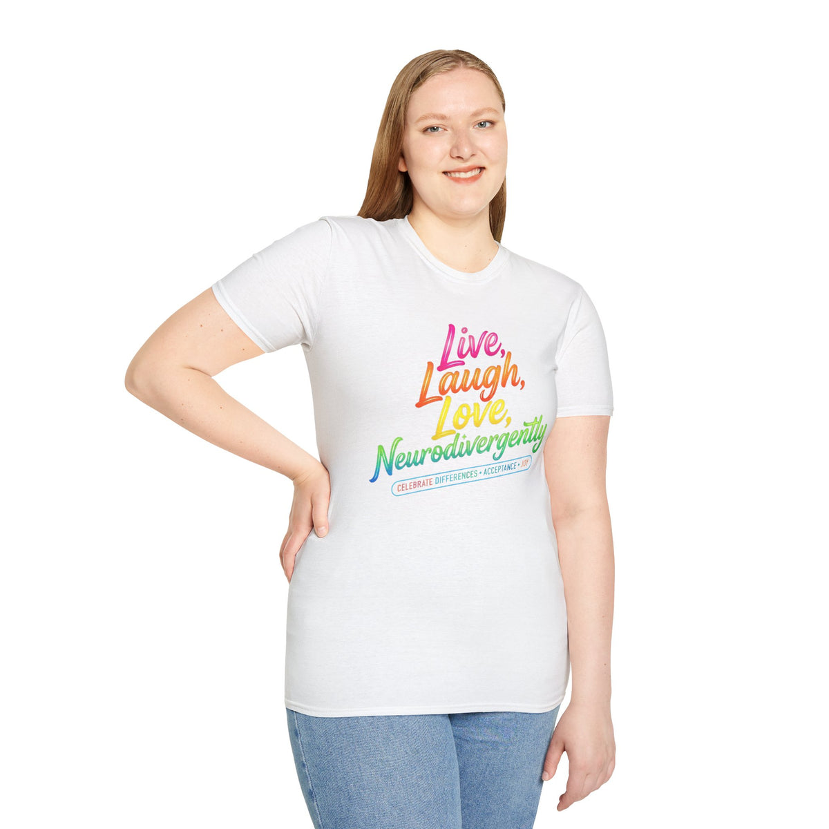 Neurodivergent Pride T-Shirt — “Live, Laugh, Love, Neurodivergently” Rainbow Tee