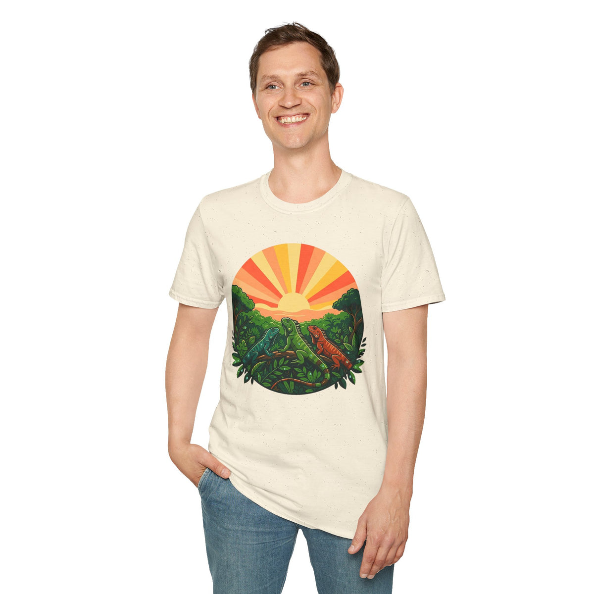 Sunrise Jungle T-Shirt — Tropical Iguana Sunset Graphic Tee