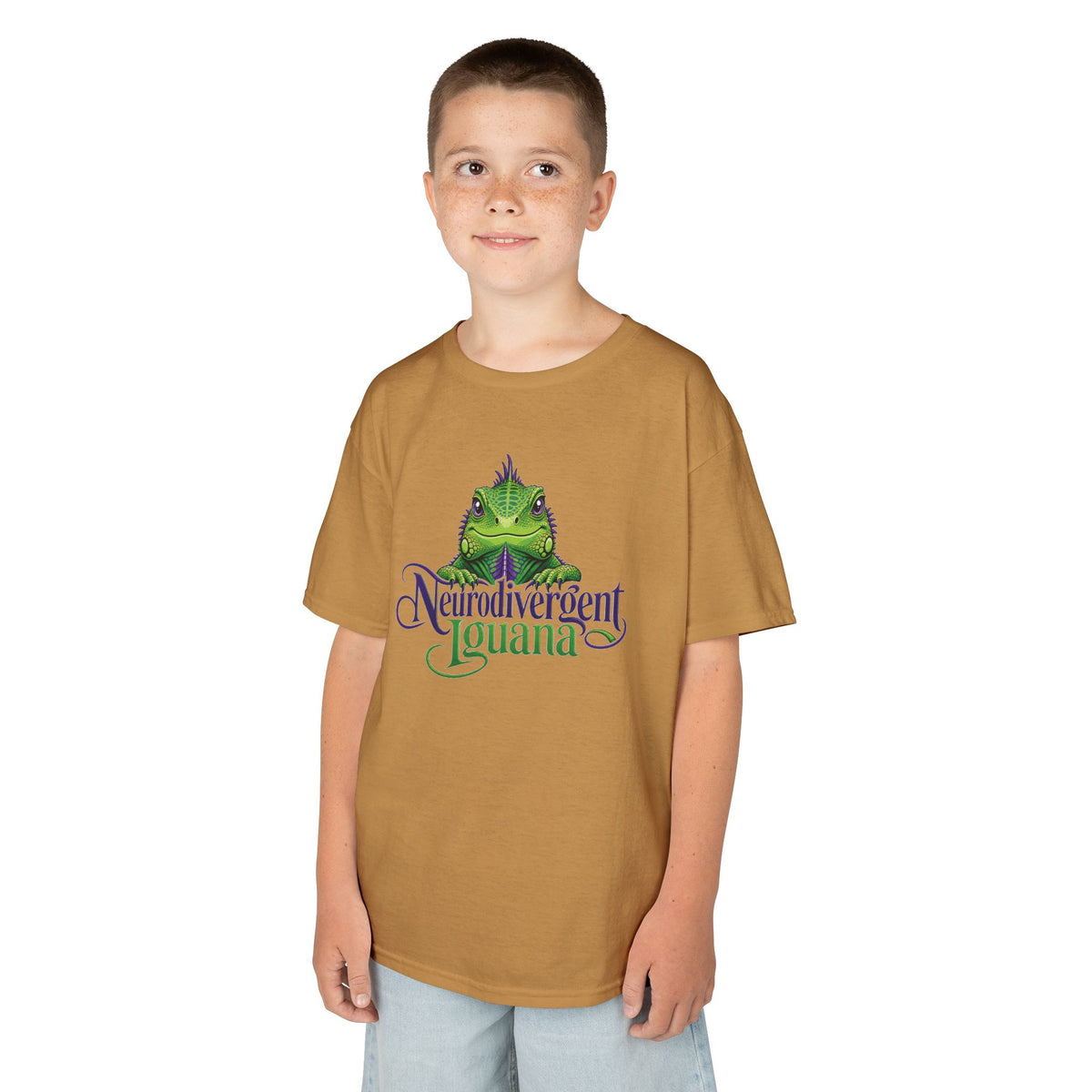 Kids T‑Shirt — “Neurodivergent Iguana” Cute Green Lizard Graphic Tee for Autism Pride & Awareness