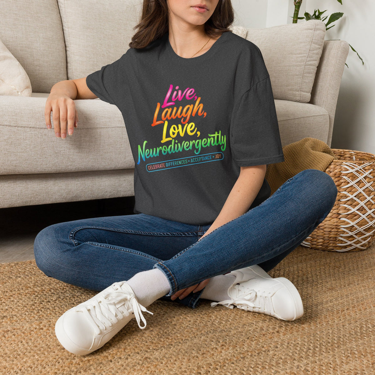 Neurodivergent Pride T-Shirt — “Live, Laugh, Love, Neurodivergently” Rainbow Tee