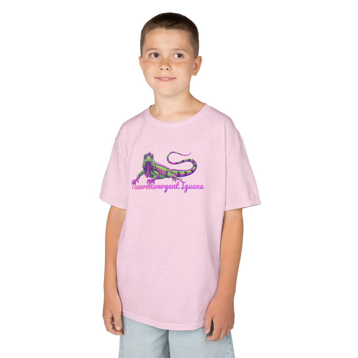 Kids Tee — Neon Green & Purple Iguana Graphic “Fluorescent Iguana”