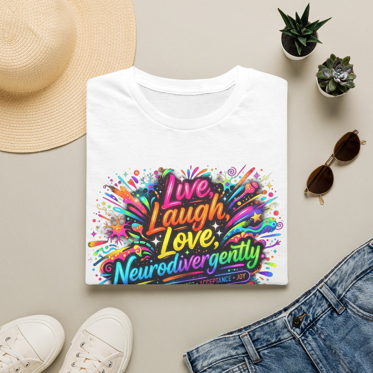 T-Shirt — "Live Laugh Love, Neurodivergently" Rainbow Splatter