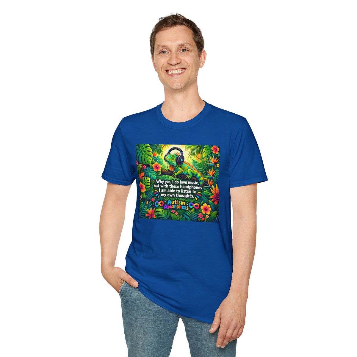 Autism Awareness T-Shirt — 'I Love Music, I Hear Headphones' Floral Design