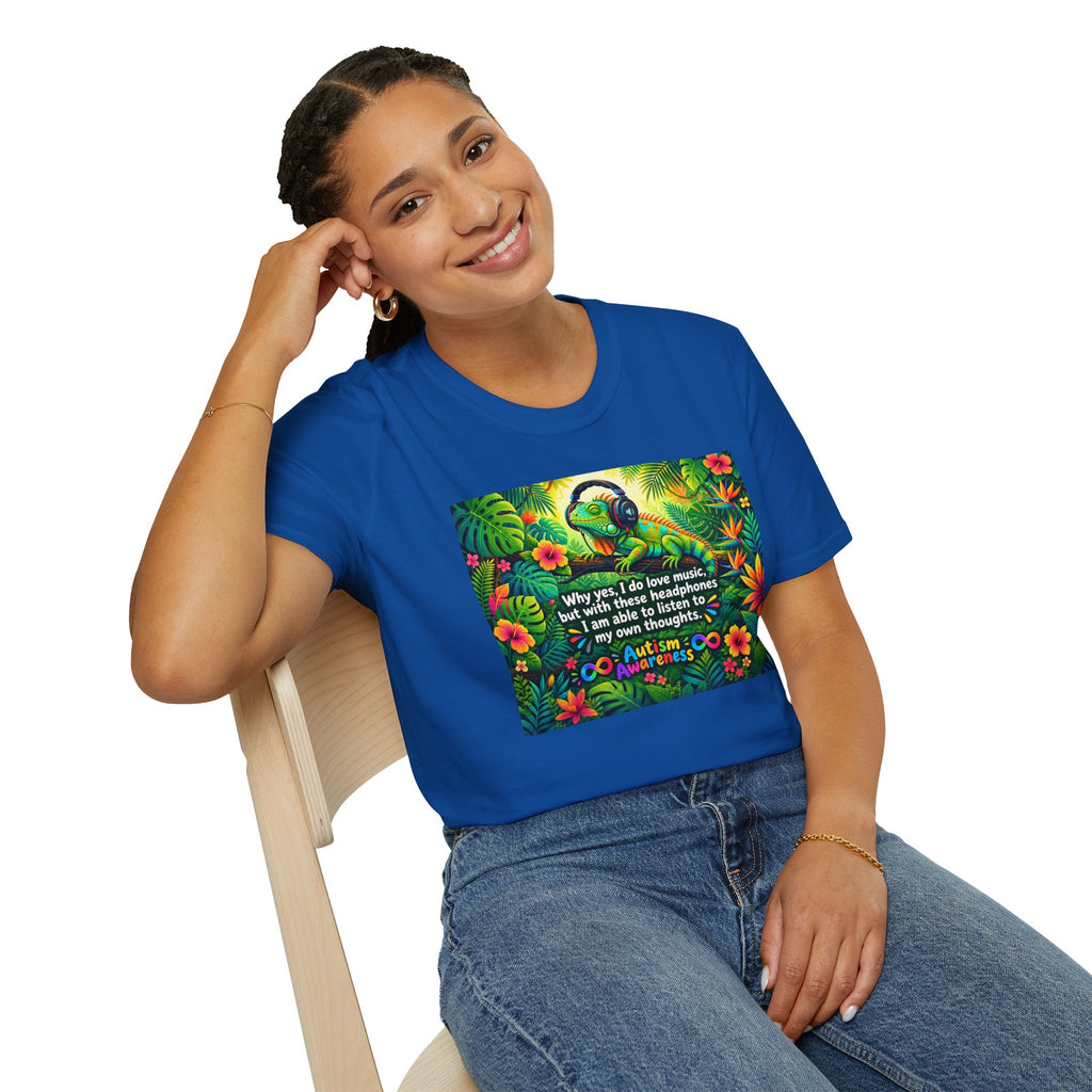 Autism Awareness T-Shirt — 'I Love Music, I Hear Headphones' Floral Design