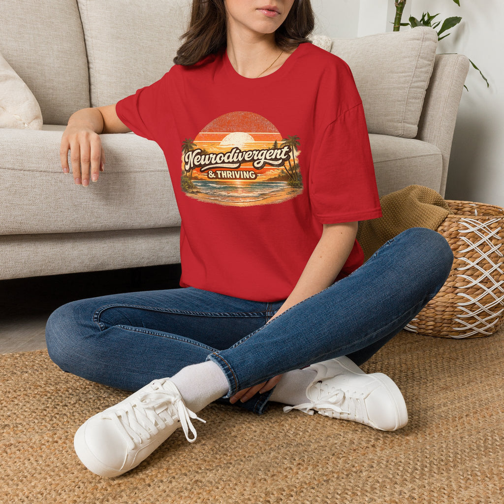 Neurodivergent & Thriving Tee — Retro Sunset Palm Graphic T-Shirt