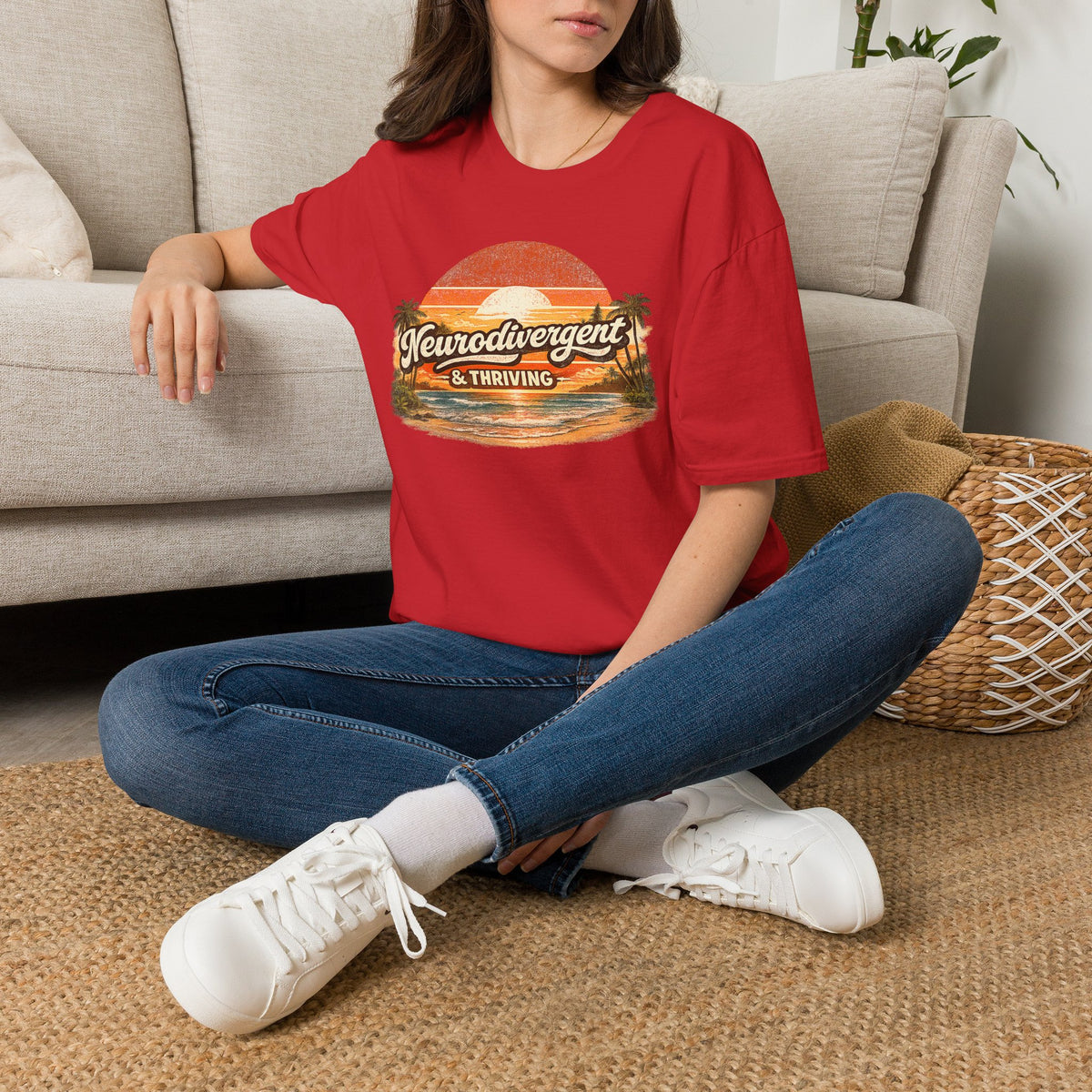 Neurodivergent & Thriving Tee — Retro Sunset Palm Graphic T-Shirt