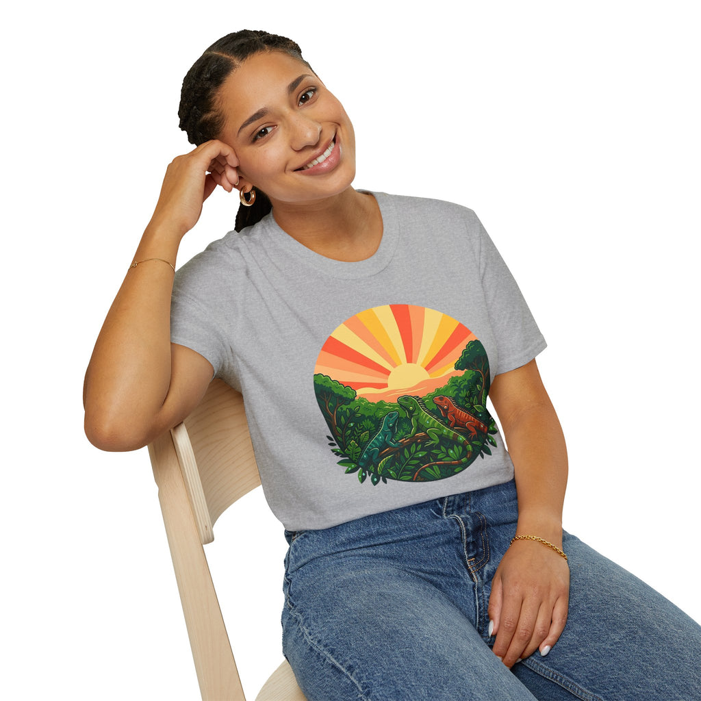 Sunrise Jungle T-Shirt — Tropical Iguana Sunset Graphic Tee