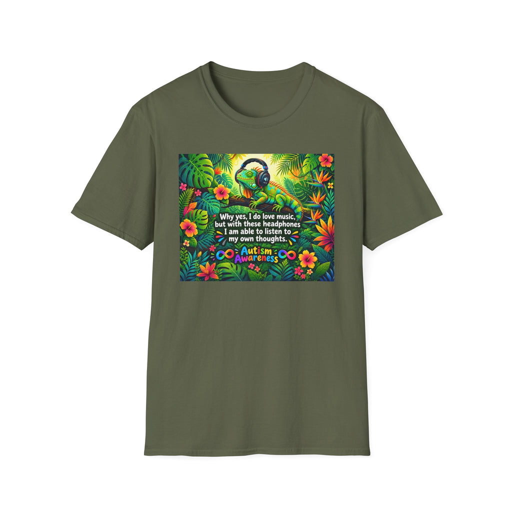 Autism Awareness T-Shirt — 'I Love Music, I Hear Headphones' Floral Design