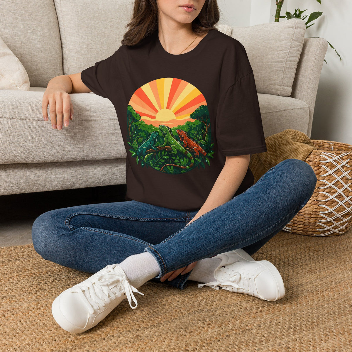 Sunrise Jungle T-Shirt — Tropical Iguana Sunset Graphic Tee
