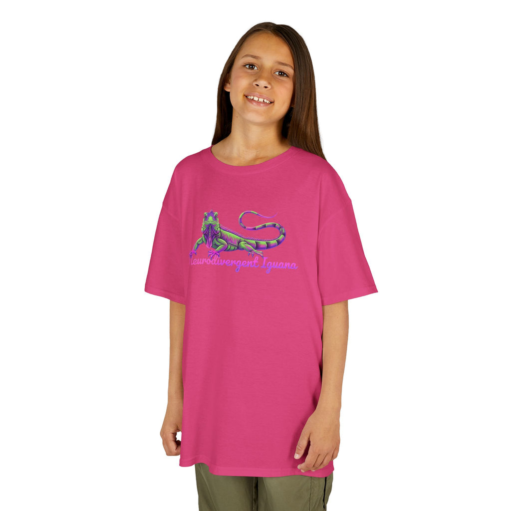 Kids Tee — Neon Green & Purple Iguana Graphic “Fluorescent Iguana”