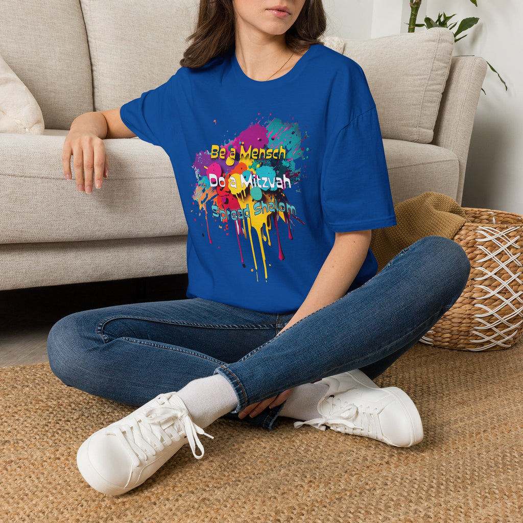 T‑Shirt — “Be a Mensch, Do a Mitzvah” Colorful Splash Bar/Bat Mitzvah Tee