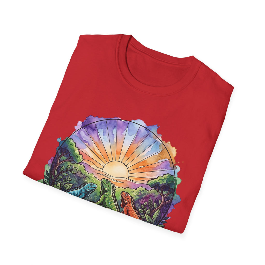 Sunrise Iguanas T-Shirt — Colorful Mountain Sunrise with Forest Trail