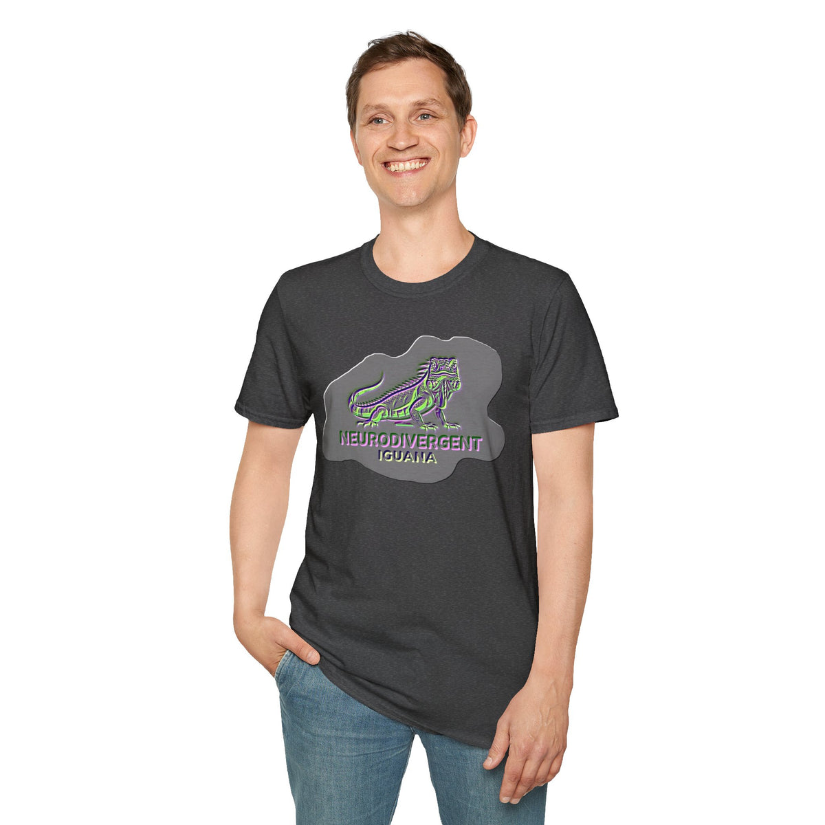 Neurodivergent Iguana Graphic T‑Shirt — Pride-Lit Earthtone Design