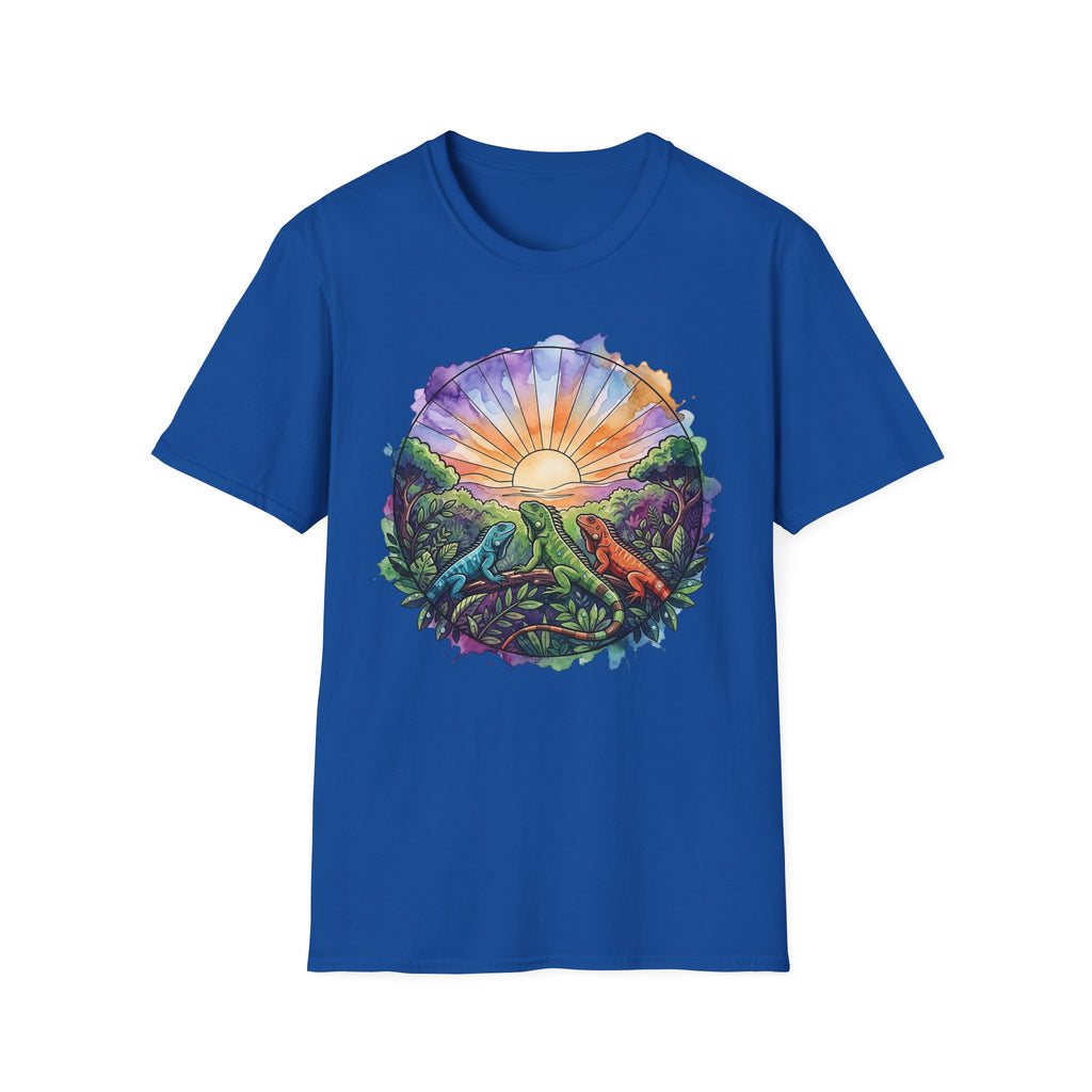 Sunrise Iguanas T-Shirt — Colorful Mountain Sunrise with Forest Trail