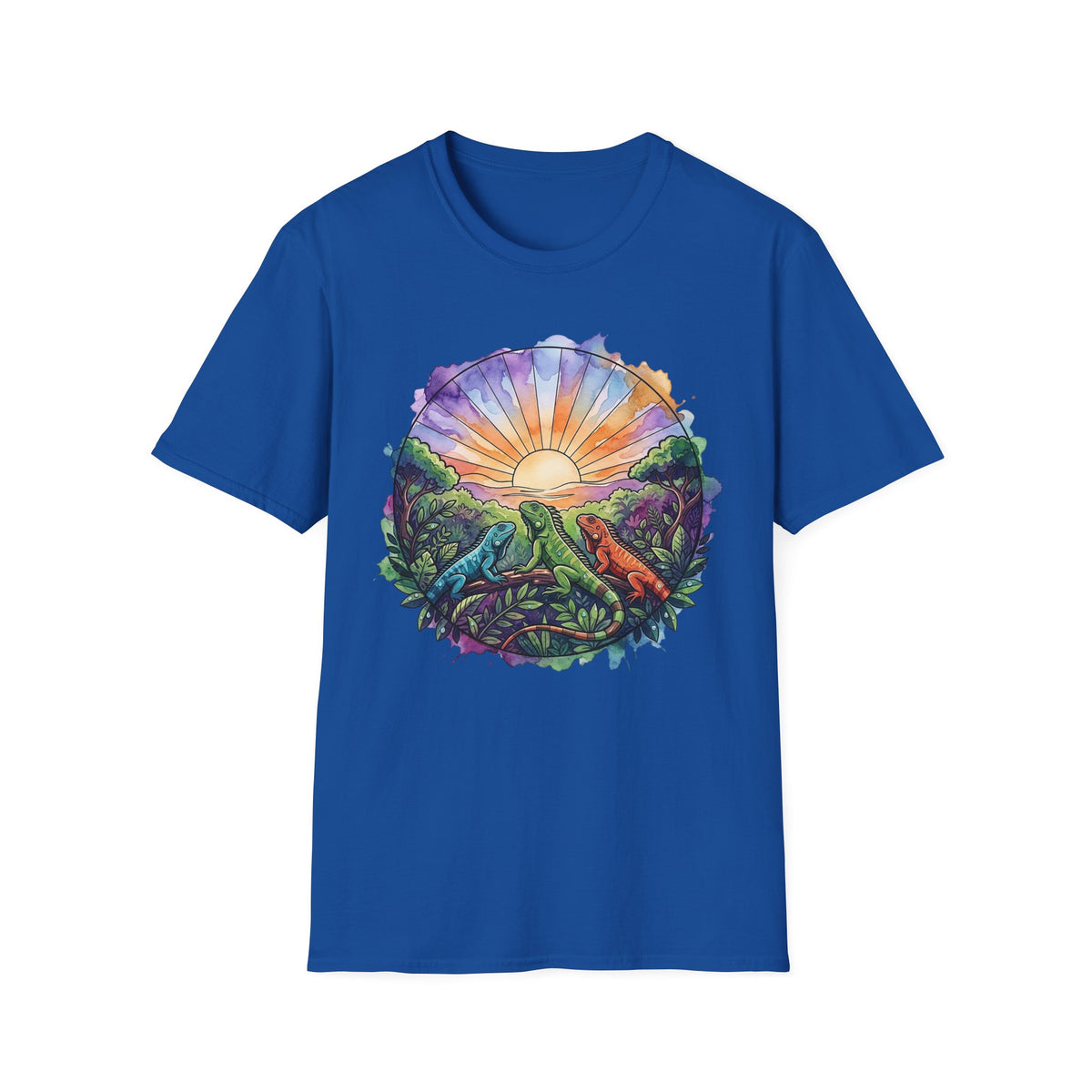 Sunrise Iguanas T-Shirt — Colorful Mountain Sunrise with Forest Trail