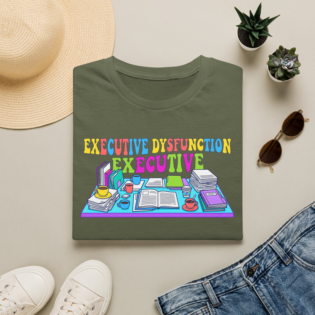 Executive Dysfunction T-Shirt — Colorful Desk Illustration