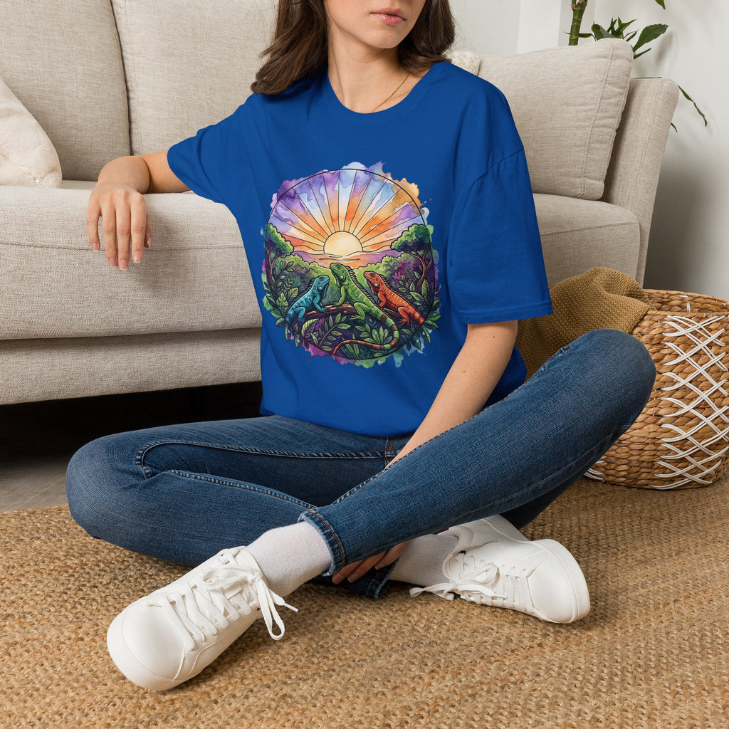 Sunrise Iguanas T-Shirt — Colorful Mountain Sunrise with Forest Trail