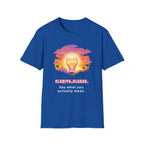 Clarity Please T-Shirt — Retro Sunset Lightbulb "Say What You Actually Mean" Graphic Tee
