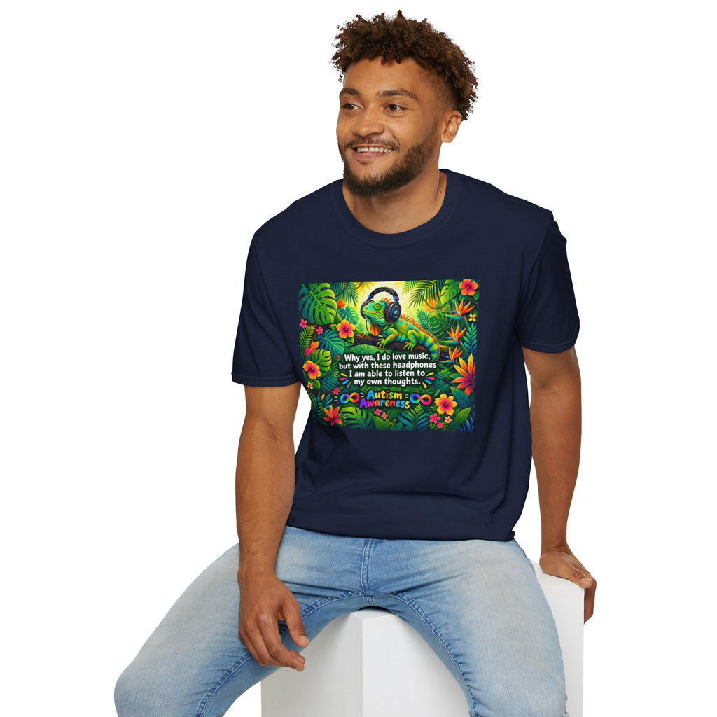 Autism Awareness T-Shirt — 'I Love Music, I Hear Headphones' Floral Design