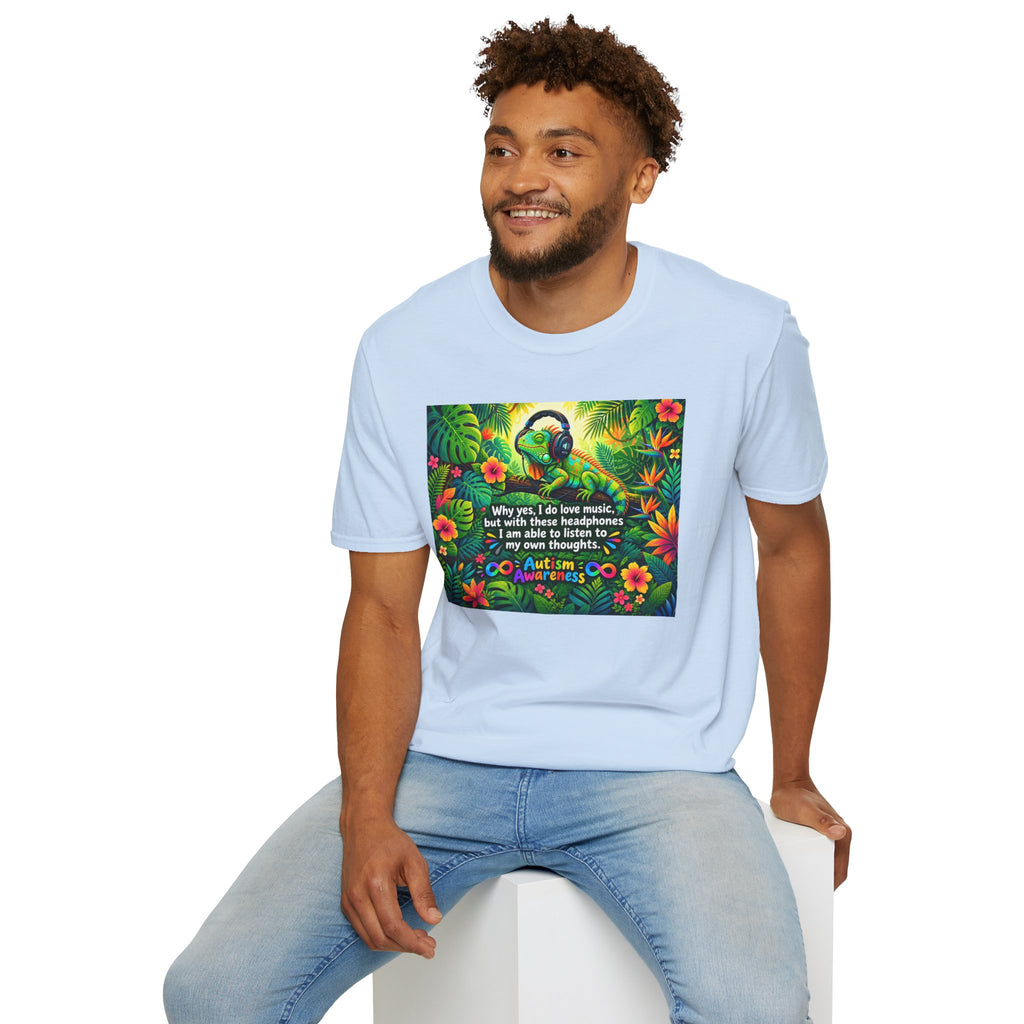 Autism Awareness T-Shirt — 'I Love Music, I Hear Headphones' Floral Design