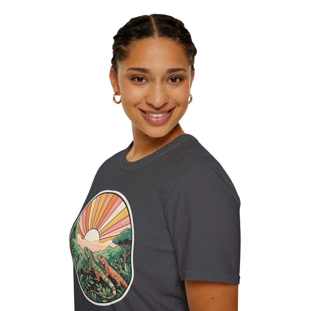 Sunrise Jungle T-Shirt — Retro Tropical Sunset Graphic Tee