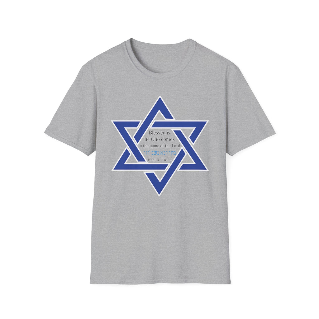 Star of David T-Shirt — "Blessed is he who comes in the name of the Lord" Hebrew Christian Jewish Faith Tee
