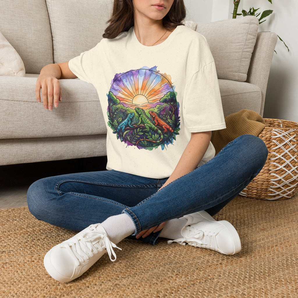 Sunrise Iguanas T-Shirt — Colorful Mountain Sunrise with Forest Trail