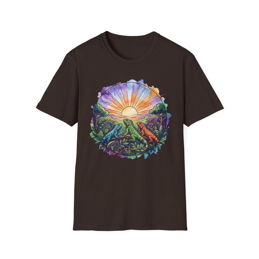 Sunrise Iguanas T-Shirt — Colorful Mountain Sunrise with Forest Trail