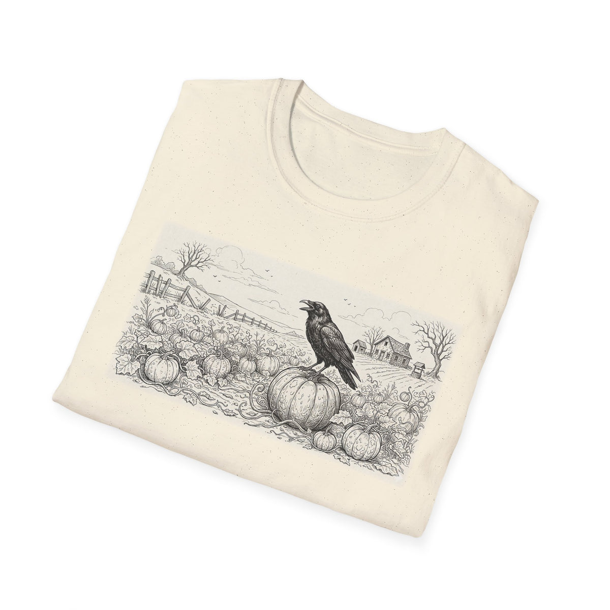 Crow on Pumpkin Field T-Shirt — Vintage Harvest Halloween Tee