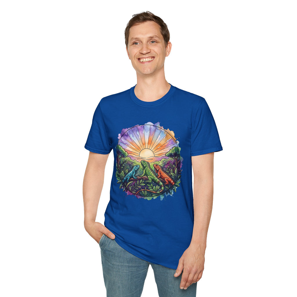 Sunrise Iguanas T-Shirt — Colorful Mountain Sunrise with Forest Trail