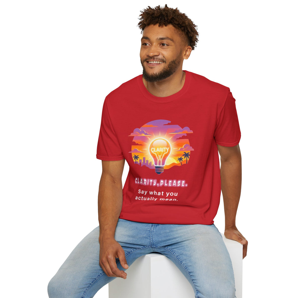 Clarity Please T-Shirt — Retro Sunset Lightbulb "Say What You Actually Mean" Graphic Tee