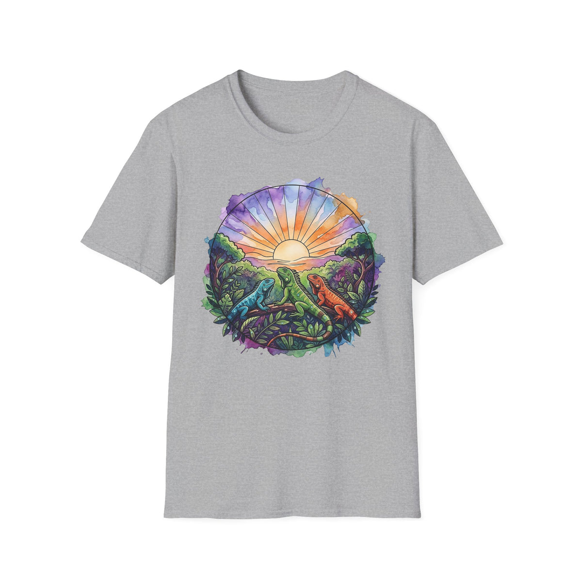 Sunrise Iguanas T-Shirt — Colorful Mountain Sunrise with Forest Trail