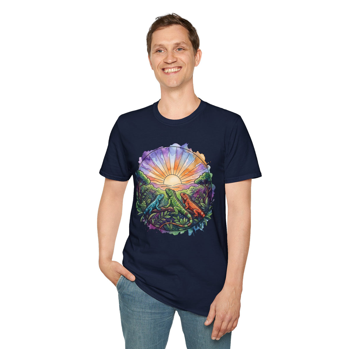 Sunrise Iguanas T-Shirt — Colorful Mountain Sunrise with Forest Trail