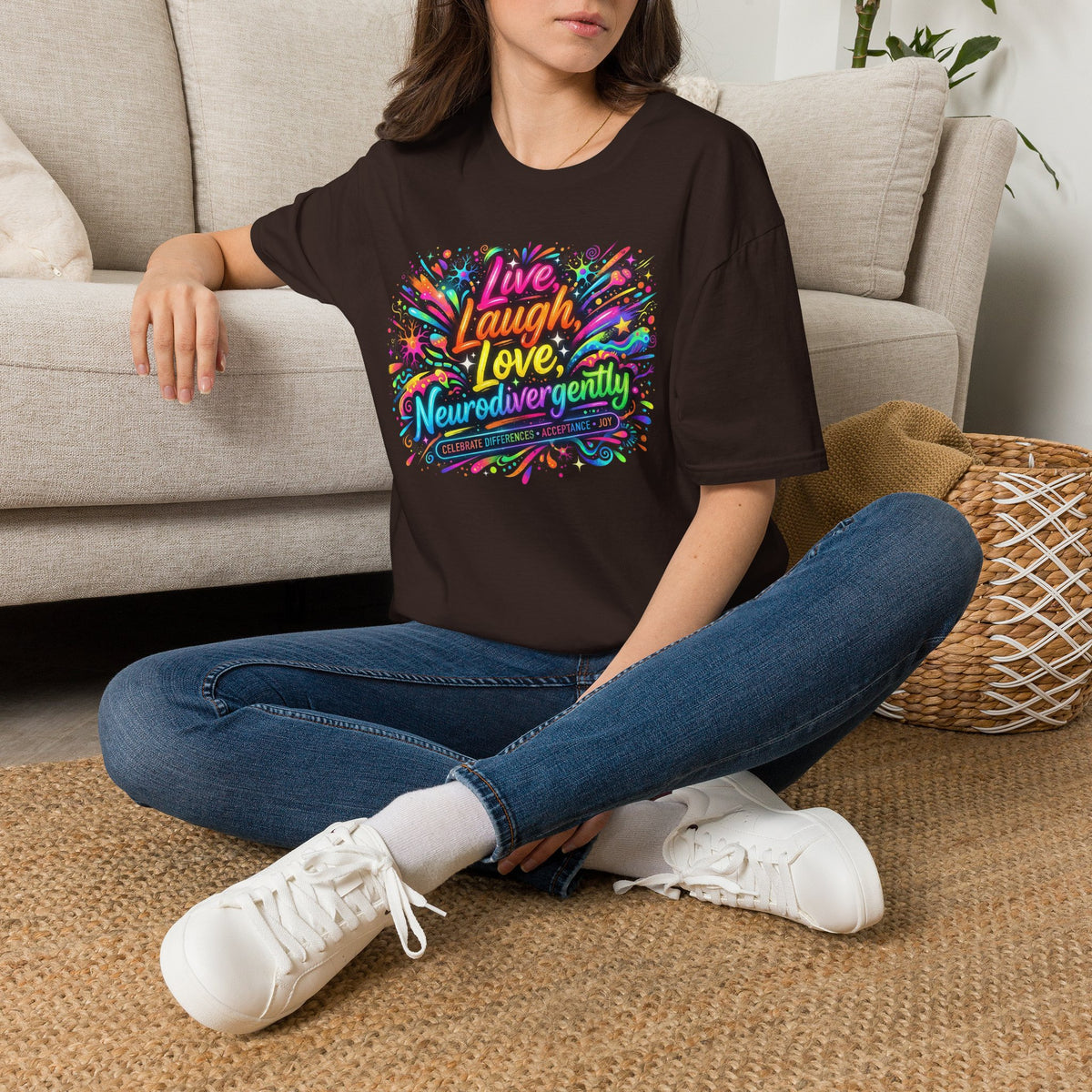 T-Shirt — "Live Laugh Love, Neurodivergently" Rainbow Splatter