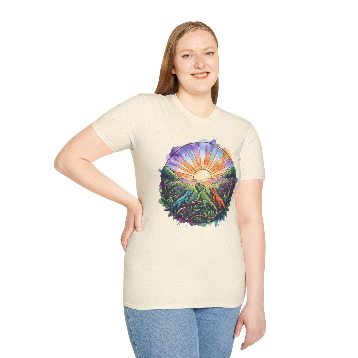 Sunrise Iguanas T-Shirt — Colorful Mountain Sunrise with Forest Trail
