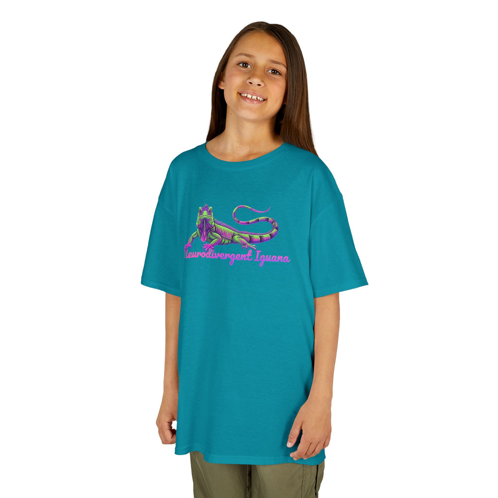 Kids Tee — Neon Green & Purple Iguana Graphic “Fluorescent Iguana”