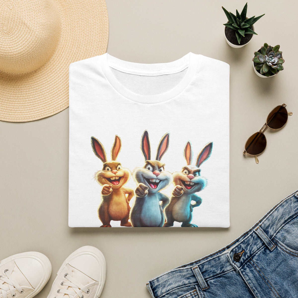 Funny Cartoon Bunnies T-Shirt — Three Playful Rabbits Graphic Tee