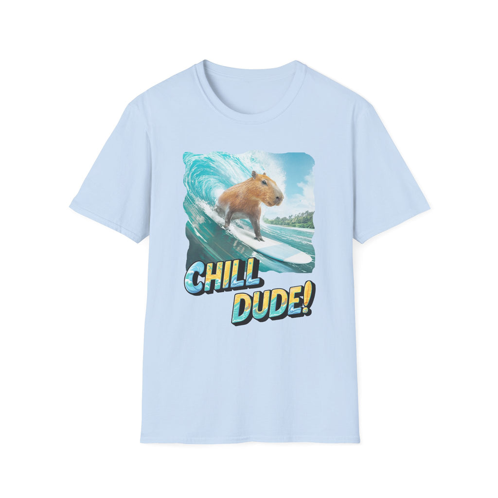 Capybara Surfing T‑Shirt — "Chill Dude!" Beach Vibe Tee