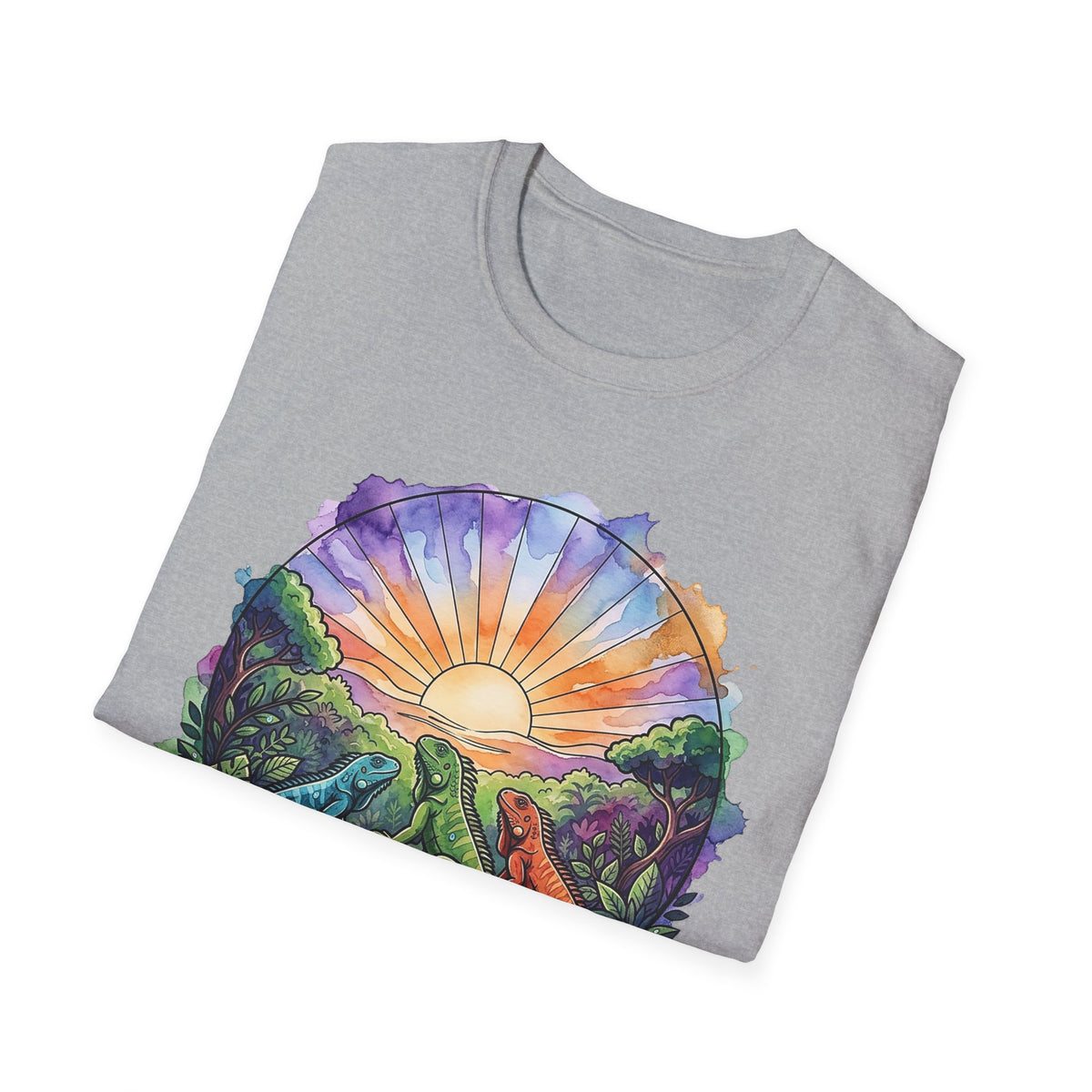 Sunrise Iguanas T-Shirt — Colorful Mountain Sunrise with Forest Trail