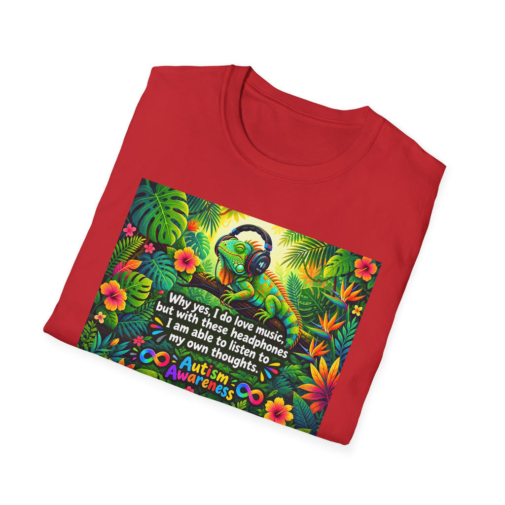 Autism Awareness T-Shirt — 'I Love Music, I Hear Headphones' Floral Design