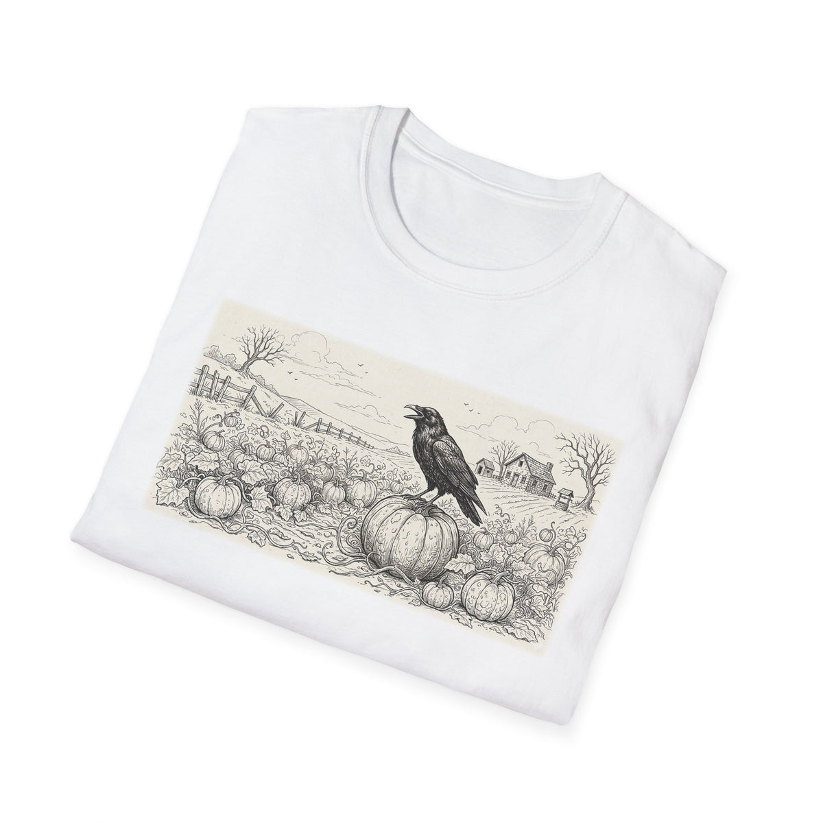 Crow on Pumpkin Field T-Shirt — Vintage Harvest Halloween Tee