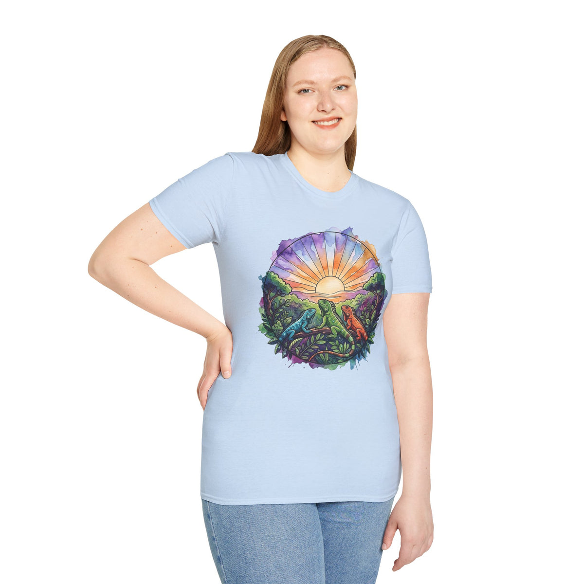 Sunrise Iguanas T-Shirt — Colorful Mountain Sunrise with Forest Trail