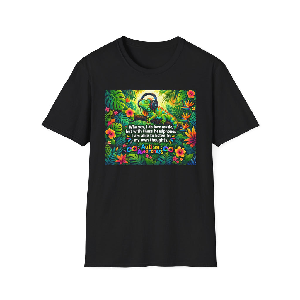 Autism Awareness T-Shirt — 'I Love Music, I Hear Headphones' Floral Design