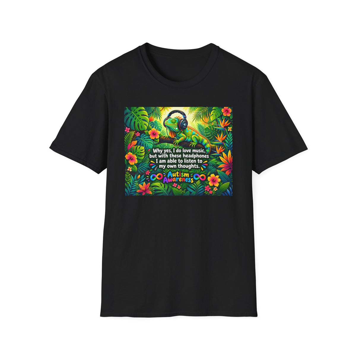 Autism Awareness T-Shirt — 'I Love Music, I Hear Headphones' Floral Design