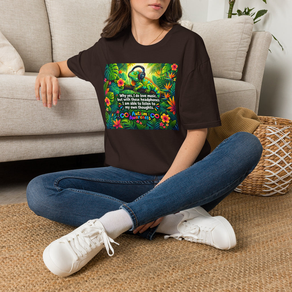 Autism Awareness T-Shirt — 'I Love Music, I Hear Headphones' Floral Design
