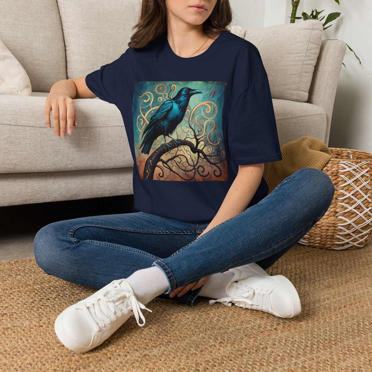 Raven Art T‑Shirt — Mystical Blue Crow Illustration Tee