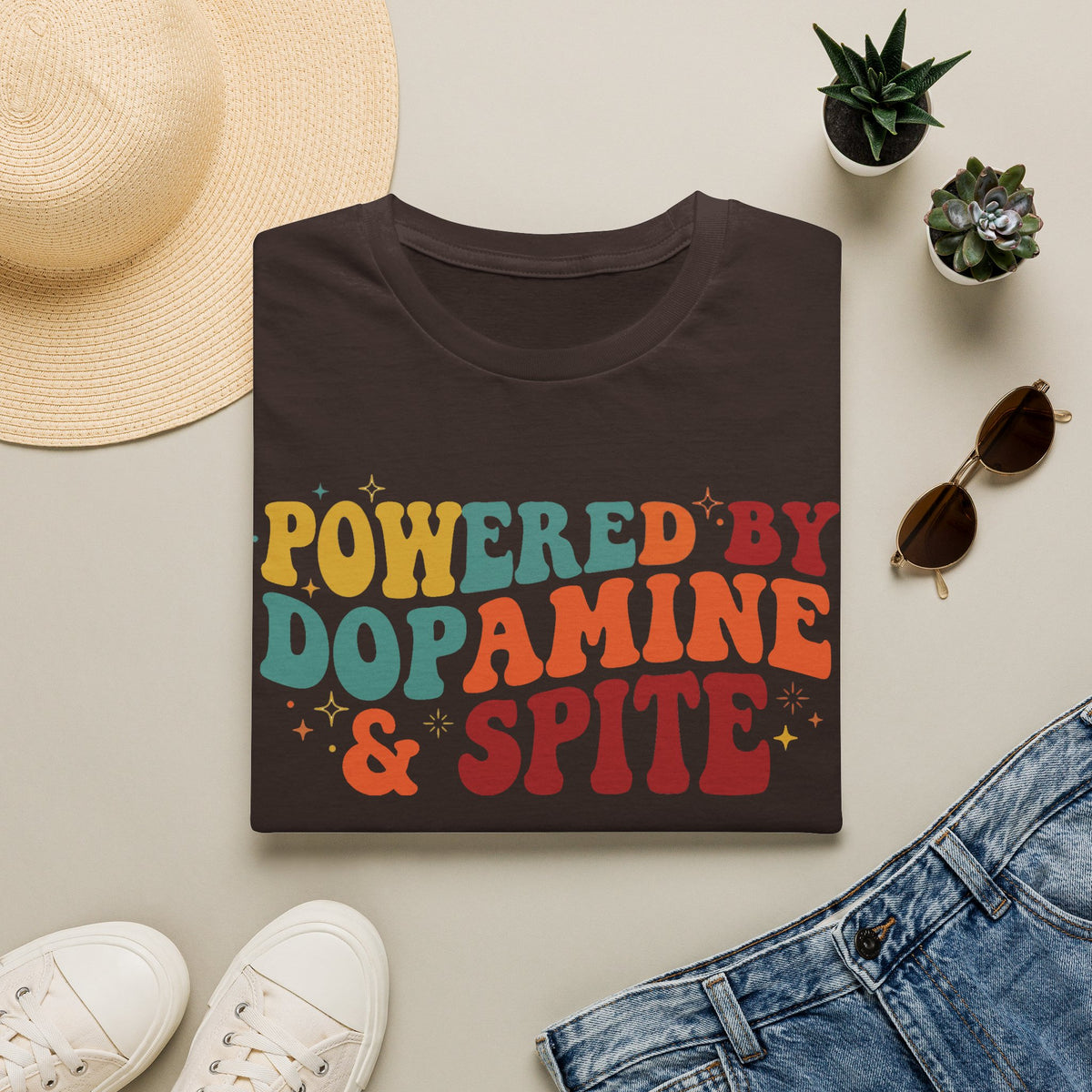 Graphic Tee — "Powered by Dopamine & Spite" Retro Colorful Quote Shirt