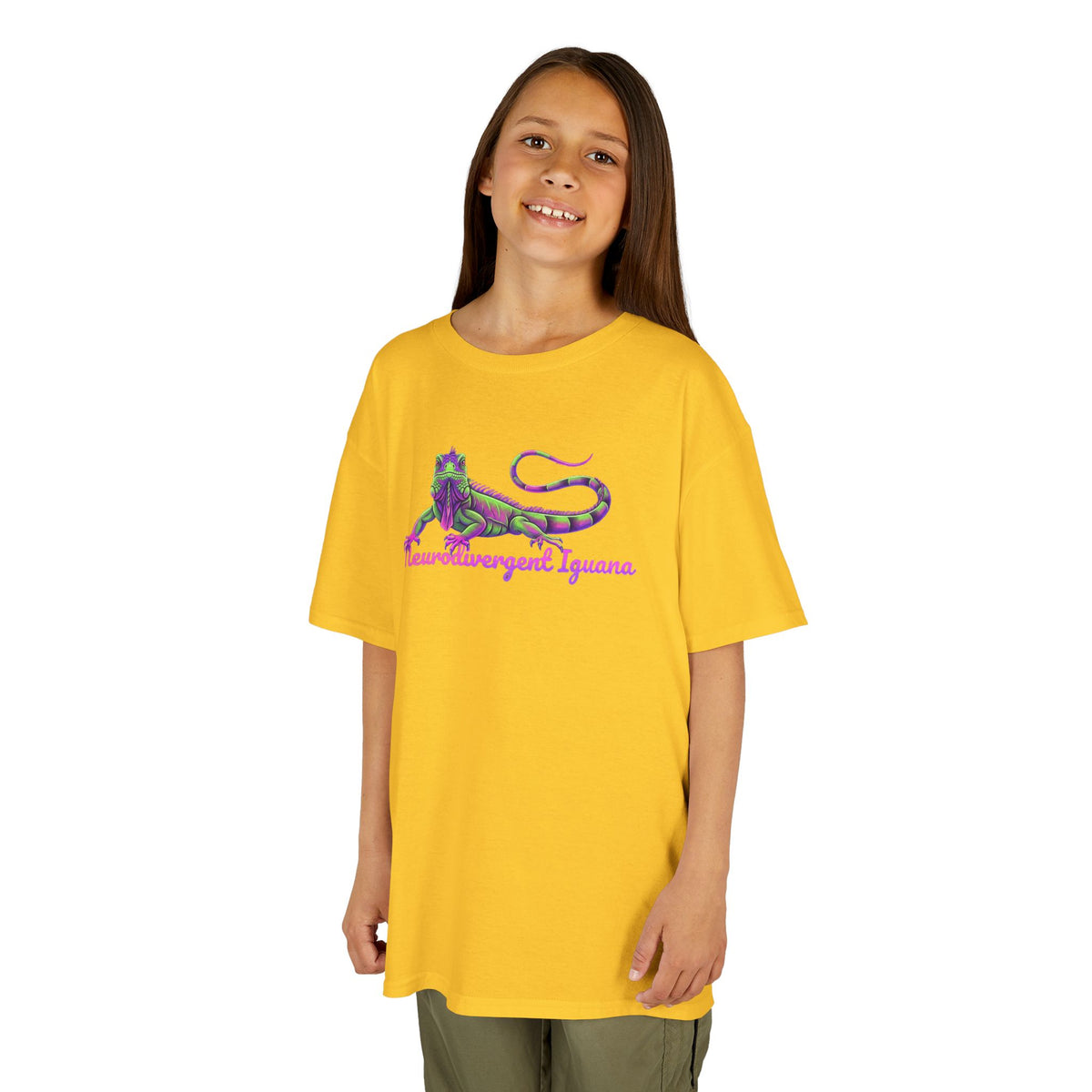 Kids Tee — Neon Green & Purple Iguana Graphic “Fluorescent Iguana”