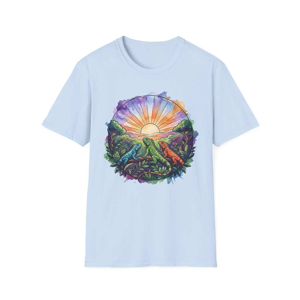 Sunrise Iguanas T-Shirt — Colorful Mountain Sunrise with Forest Trail